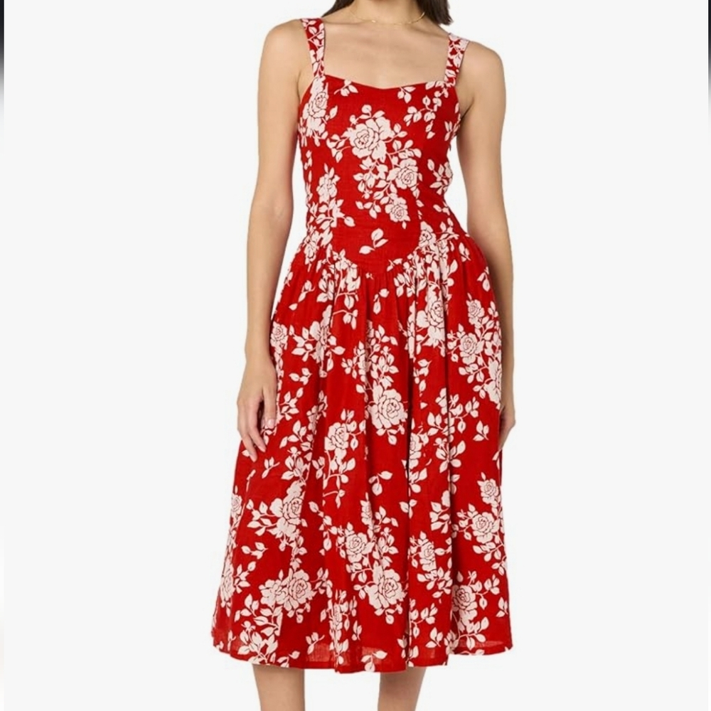 Nwt The Drop Balu Red And White Rose Floral Linen Midi Dress